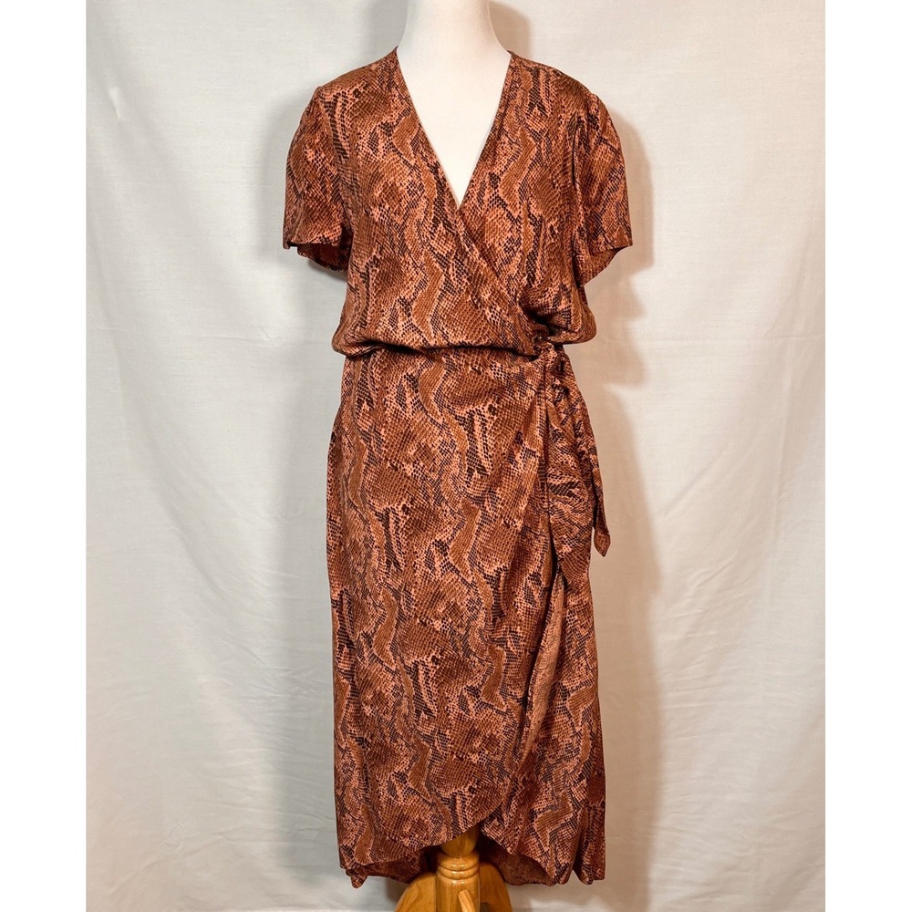 Express Womens Brown Snakeskin Print Wrap Maxi Dress V-Neck High-Low Large